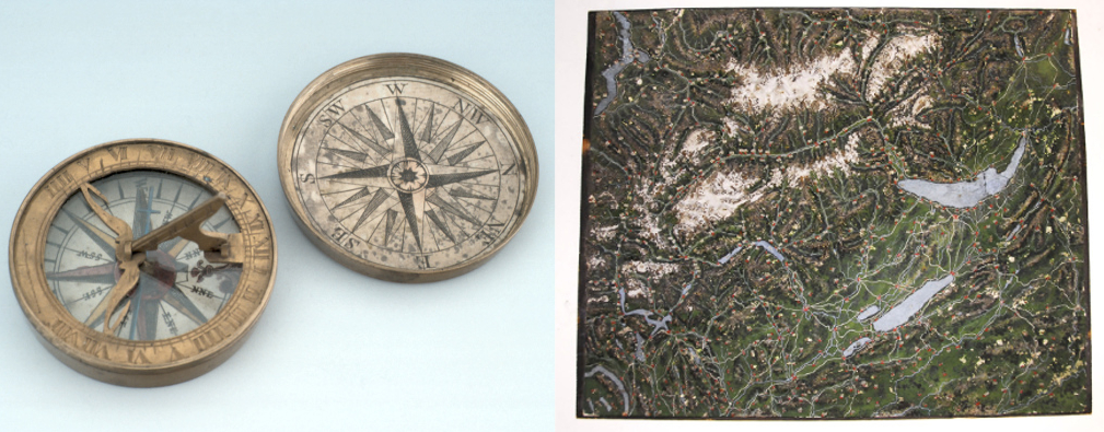 Compass, 18th Century (Inv. 35051) and Map of Switzerland, Early 19th Century, (Inv. 10424)