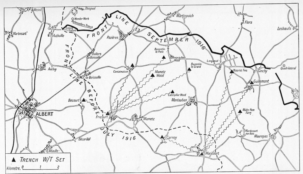 Map showing the deployment of the wireless sets near the front line in September 1916
