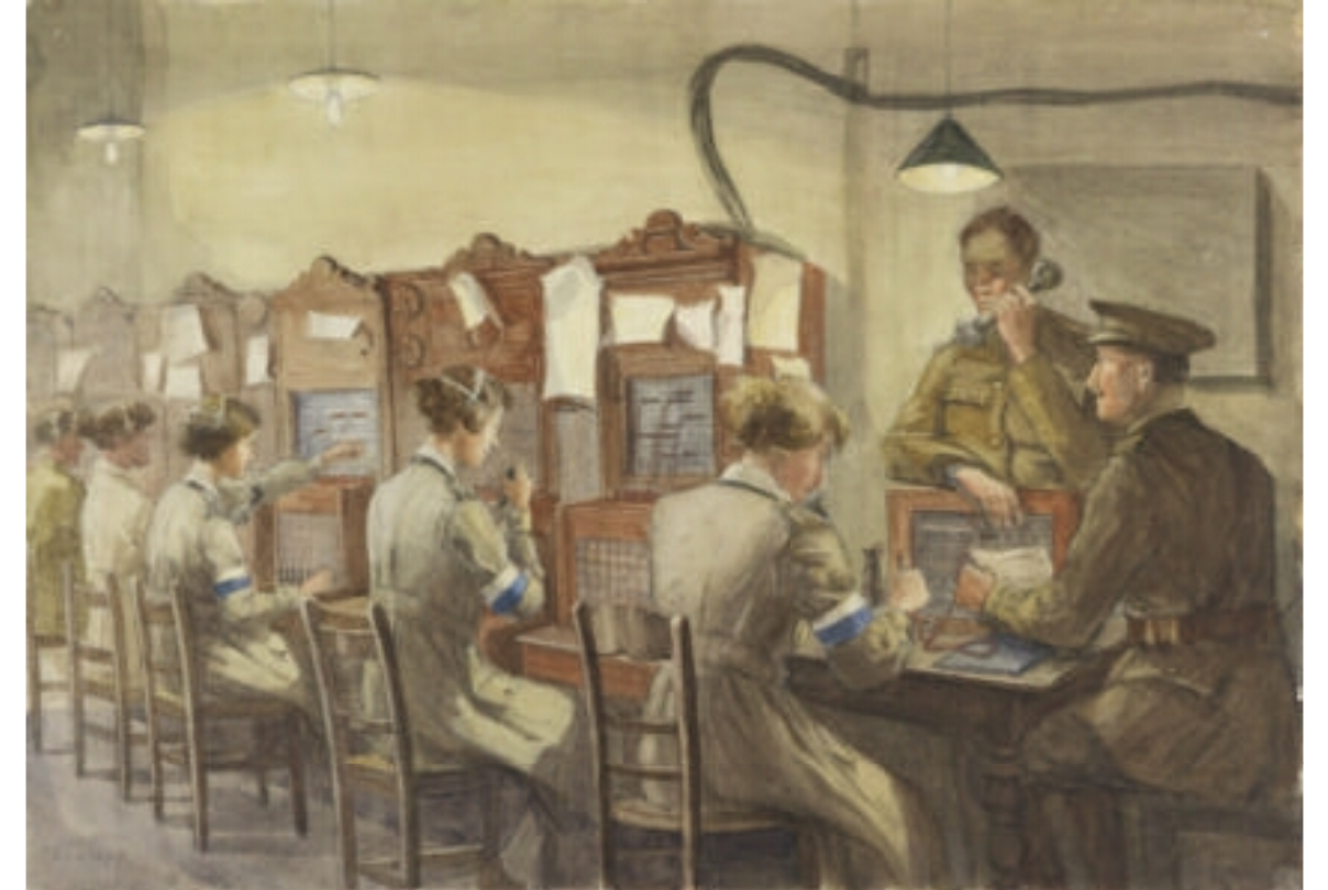 Queen Mary's Army Auxiliary Corps Signallers, Base Hill, Rouen : Telephones. Forewoman Milnes and Captain Pope.