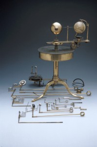 A table orrery held in the Museum surrounded by its component parts.