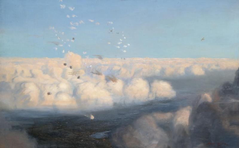 Art.IWM ART 2920 BE2c aircraft of the Royal Flying Corps fly above the clouds amidst the small puffs of artillery fire. A small section of the landscape is visible far below the cloud line (1920).