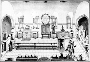Some sense of the likely appearance of the Ashmolean laboratory can be gleaned from this engraving of the laboratory at Altdorf University, founded at exactly the same time. From Johann Georg Puschner, Amoenitates Altdorfinae, 1720.