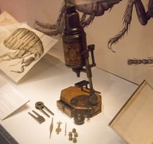 A picture of the microscope on loan to the National Library of Wales inside the exhibitions display case, with an image from Hooke's Micrographia to the right. 