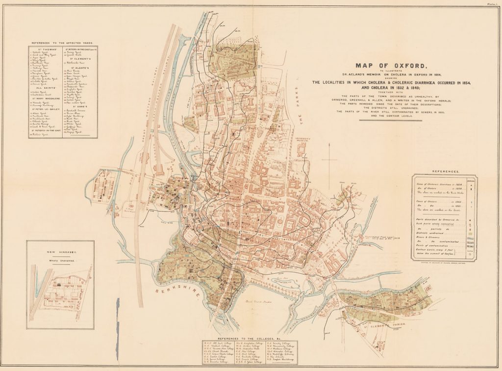 Acland’s Map of the Cholera in Oxford, 1854
Henry Wentworth Acland, Memoir on the Cholera at Oxford, in the Year 1854 (J. H. & J. Parker, Oxford, etc., 1856, plate 1)
https://exhibits.stanford.edu/blrcc/catalog/rt260gd2393